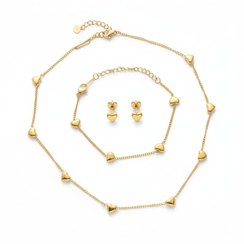 18K Gold Pave Heart Dainty Jewelry Set