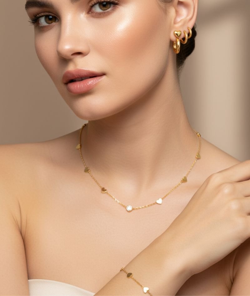 18K Gold Pave Heart Dainty Jewelry Set - Image 2